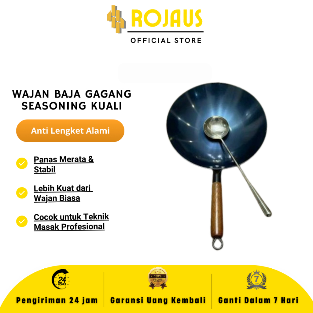 Rojaus Wajan Baja gagang Seasoning Kuali gagang kayu Nasi Wok Kitchenware