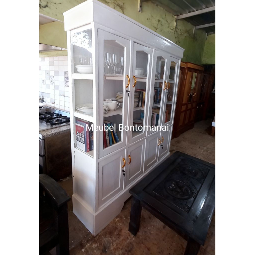 Lemari rak piring | Lemari kaca 4 pintu bahan full kayu jati putih