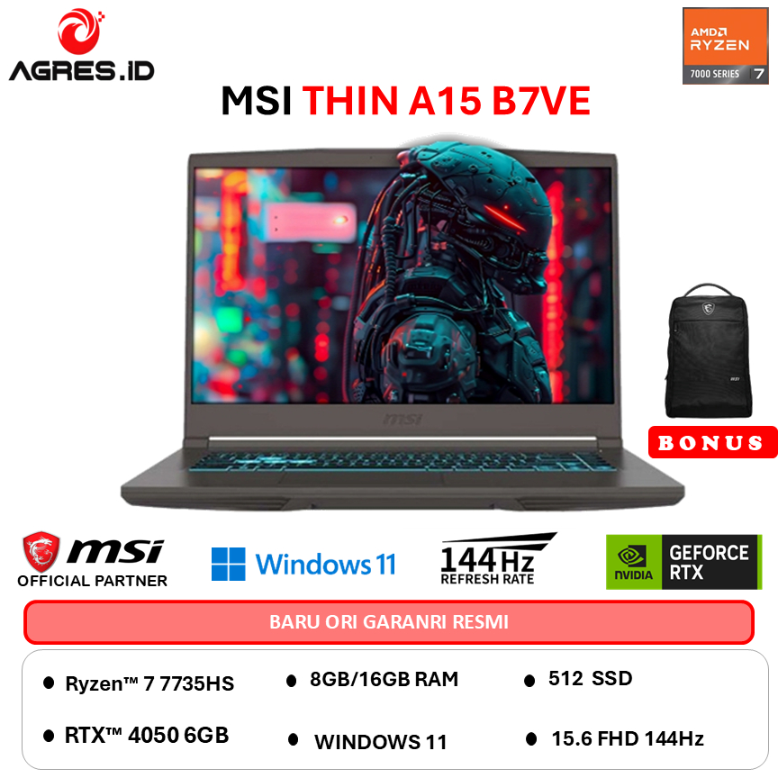 MSI THIN A15 RYZEN 7 7735HS RTX4050 6GB - RAM 16GB 512GB W11 15.6FHD 144HZ BLIT -B7VE.642
