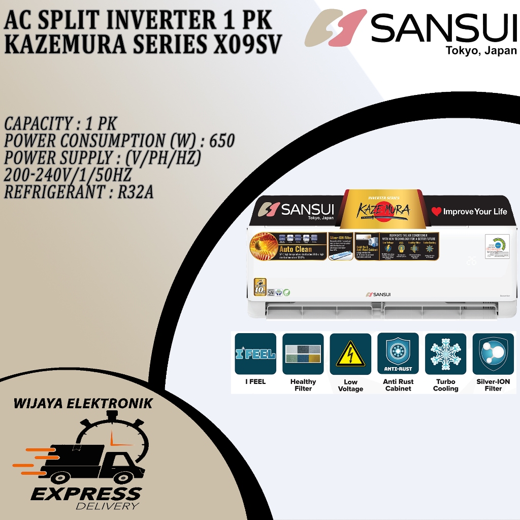 Sansui INVERTER 1 PK + PASANG DAN ANTAR - AC Inverter Sansui X09SV Kazemura Series