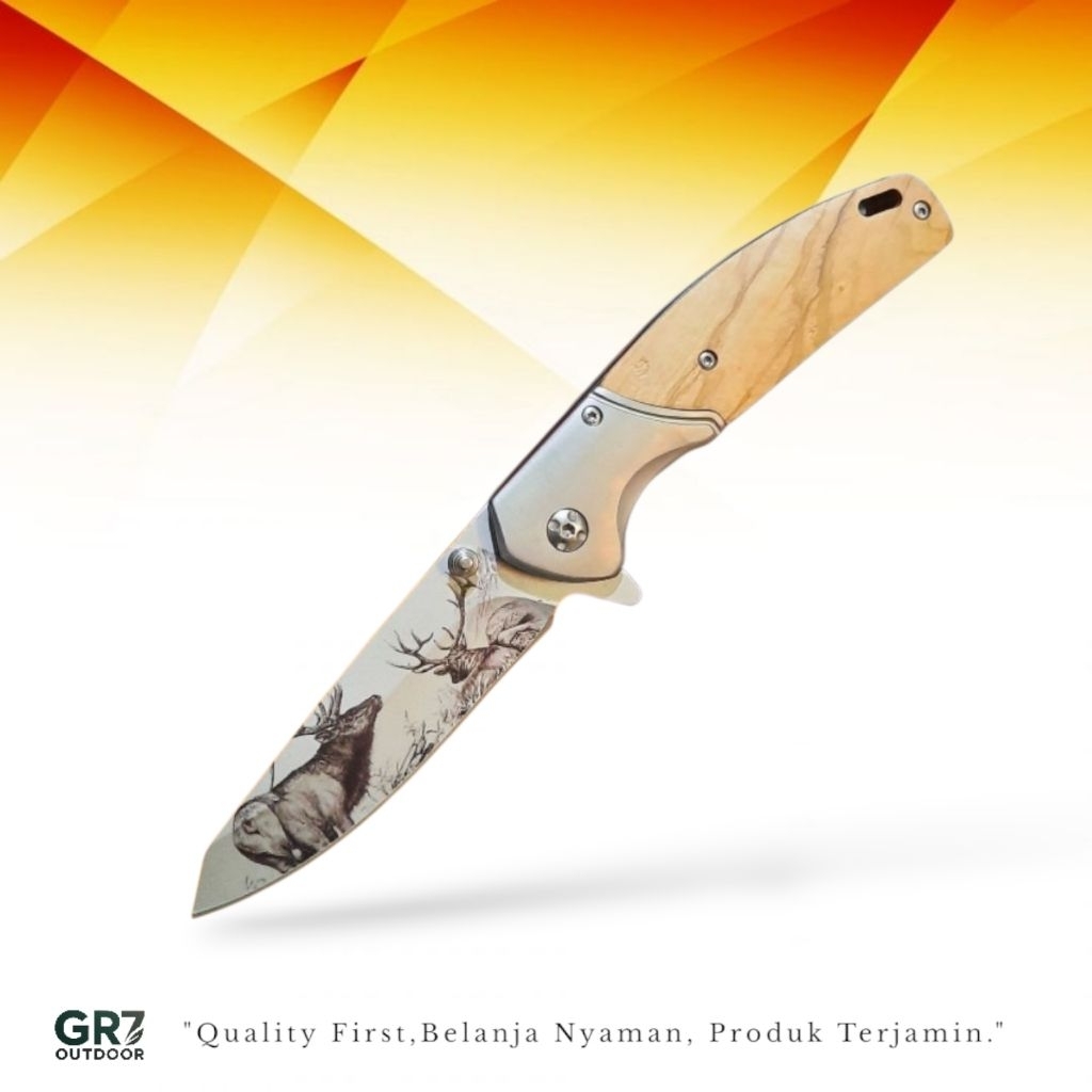 Pisau Survival Lipat Outdoor Deer Blade Gagang Kayu Ergonomis