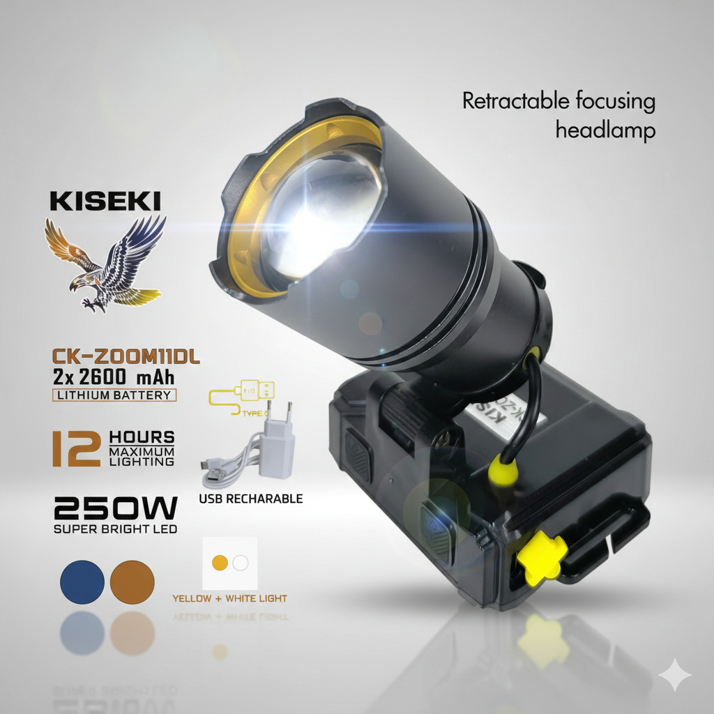 SENTER KEPALA HEADLAMP KISEKI 250W dual warna cahaya CK-ZOOM 11DL - battery 5200mah - tahan hingga 1