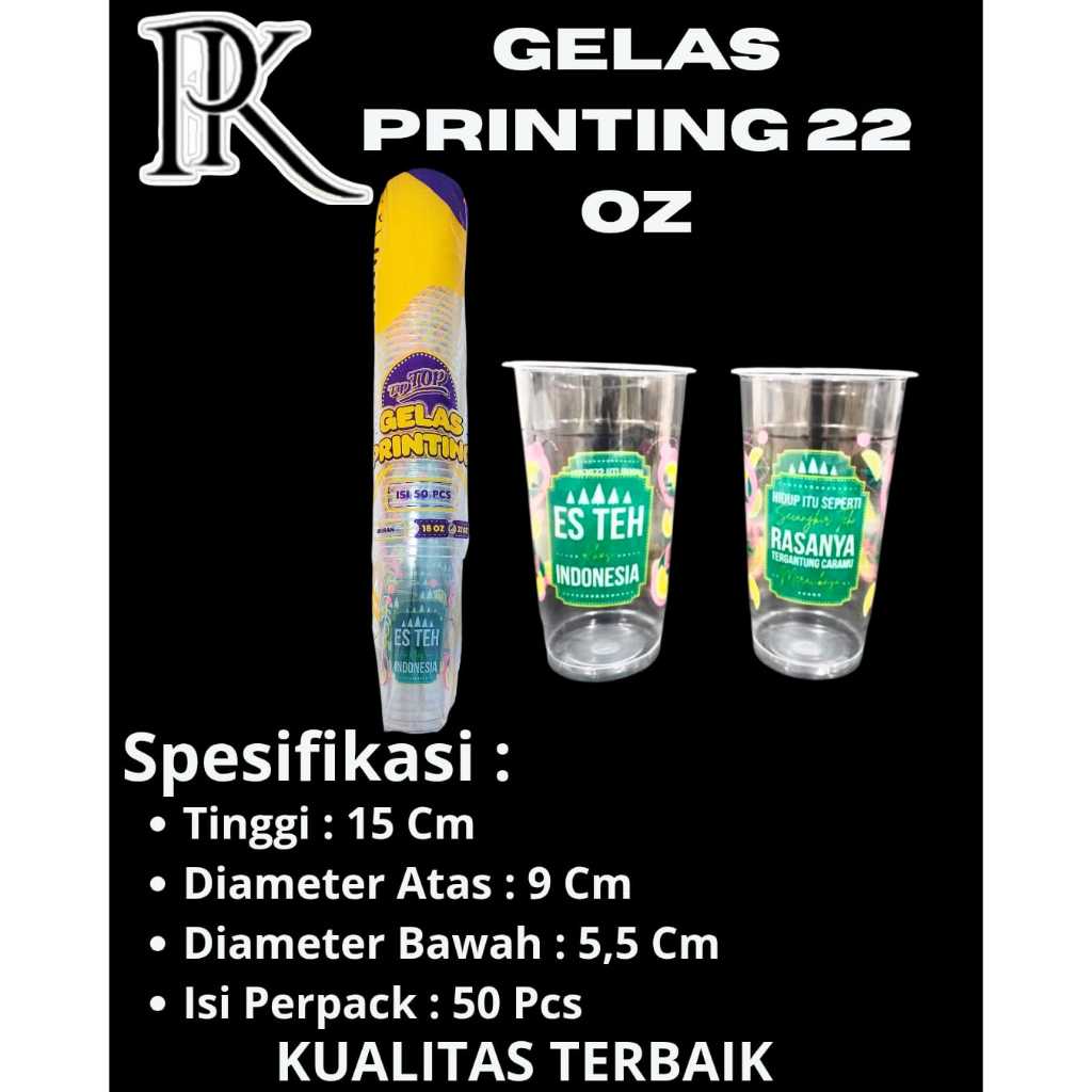 Gelas Printing Ice Tea Es Teh Solo Poci Plastik Cup PP 22oz Motif Teh Tebal Murah Isi 50pcs