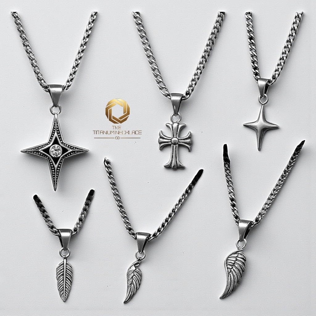 TitaniumNecklace Kalung Smile Necklace Cross Star Bintang Pendant Korea Style Perak Silver Pria Wani