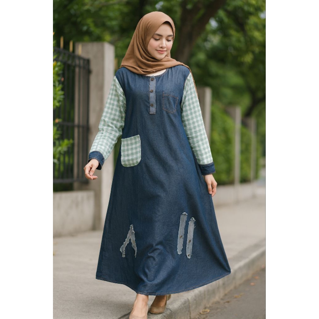 baju gamis jeans denim kombinasi katun bordir terbaru ld.100cm