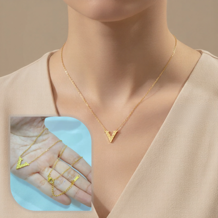 Kalung Titanium Huruf V Gold | Kalung Inisial Emas Wanita Anti Karat Tahan Air Elegan Minimalis