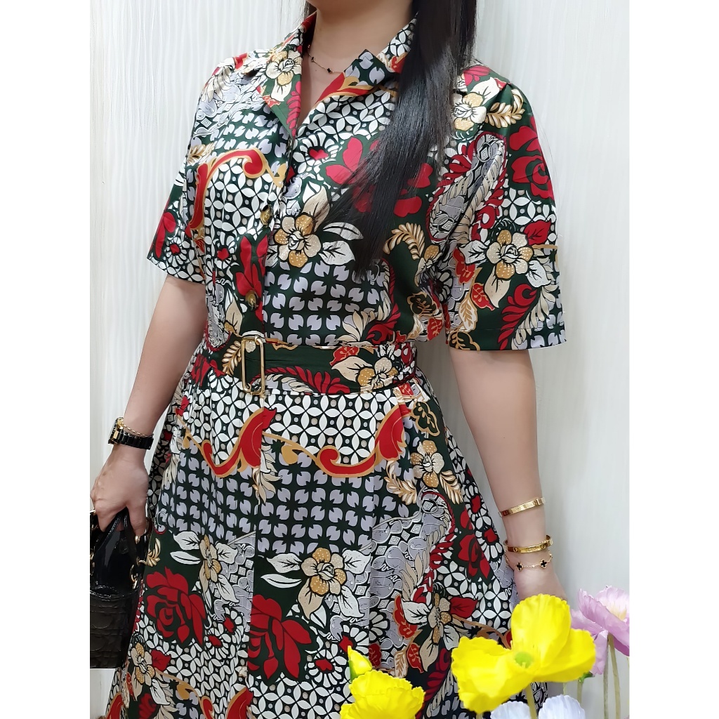 JESS Blazer Dress Katun Stretch - Midi Dress Batik - Gaun Wanita Free Belt - Dress Casual - Dress Fo