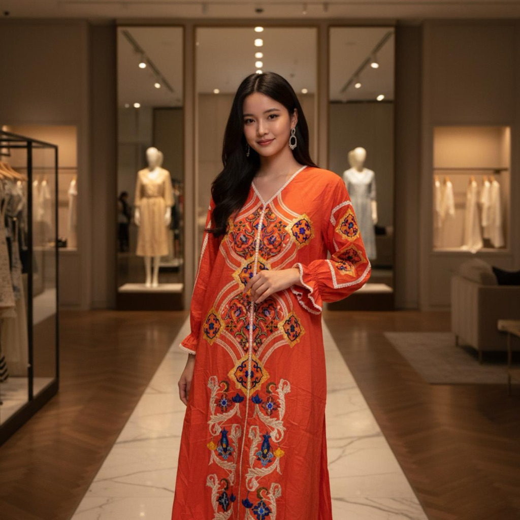 DRESS KATUN ORANGE BORDIR CANTIK MAXI 3140