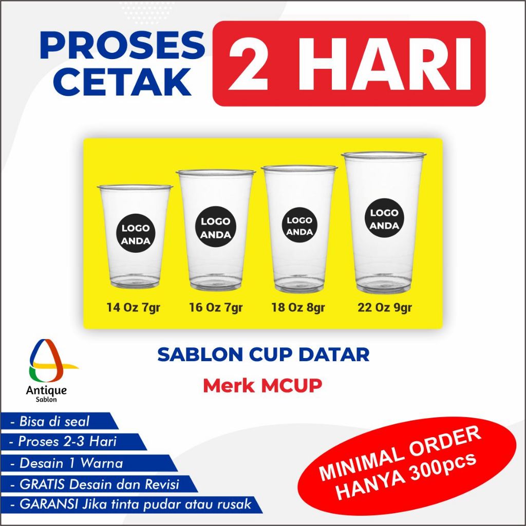 Sablon Cup Datar Gelas Packaging Plastik PP Custom 12 Oz, 14 Oz, 16 Oz, 18 Oz, 22 Oz Tebal 7-9 Gram 