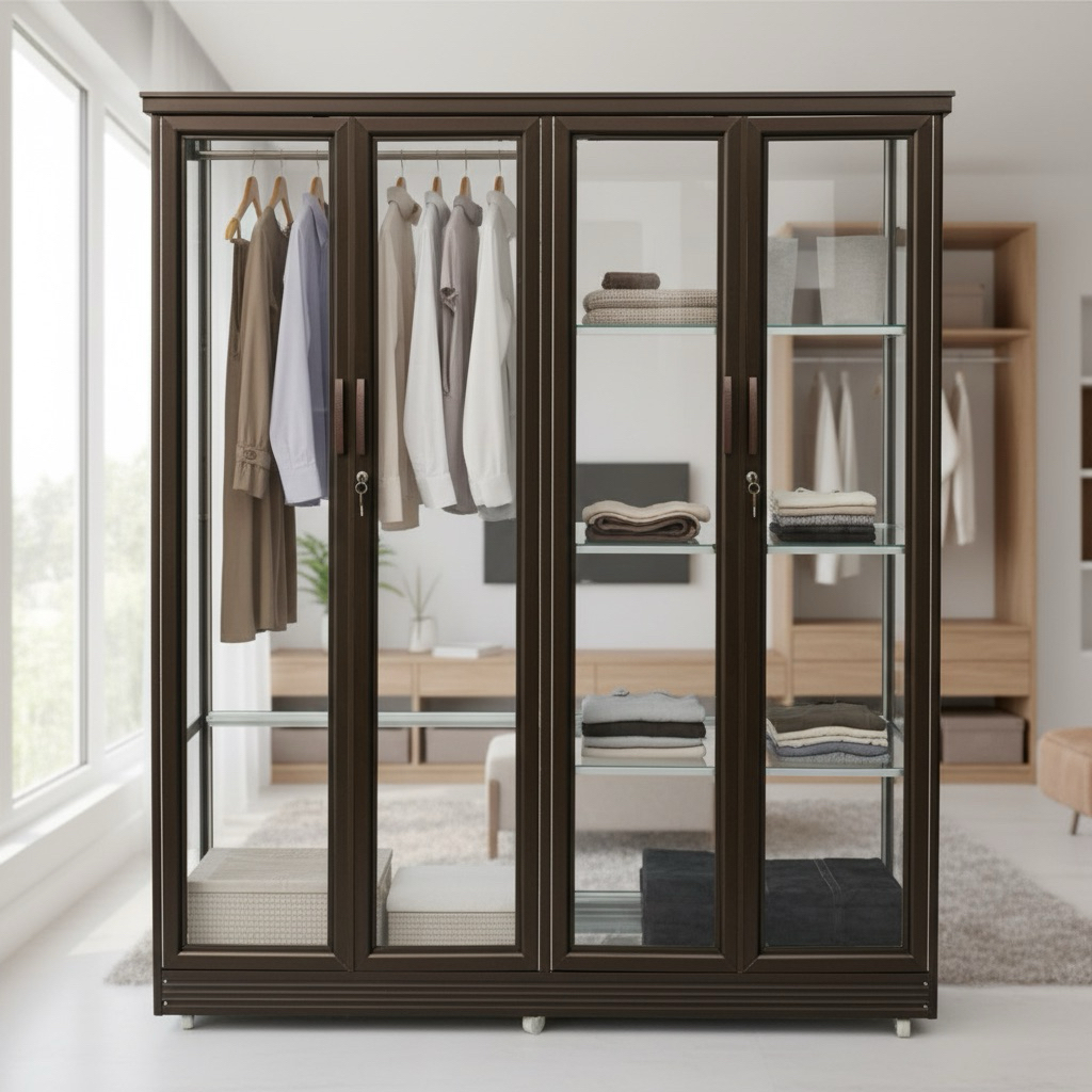 Lemari 4 Pintu Kaca Polos // Bahan Alumunium & Kaca