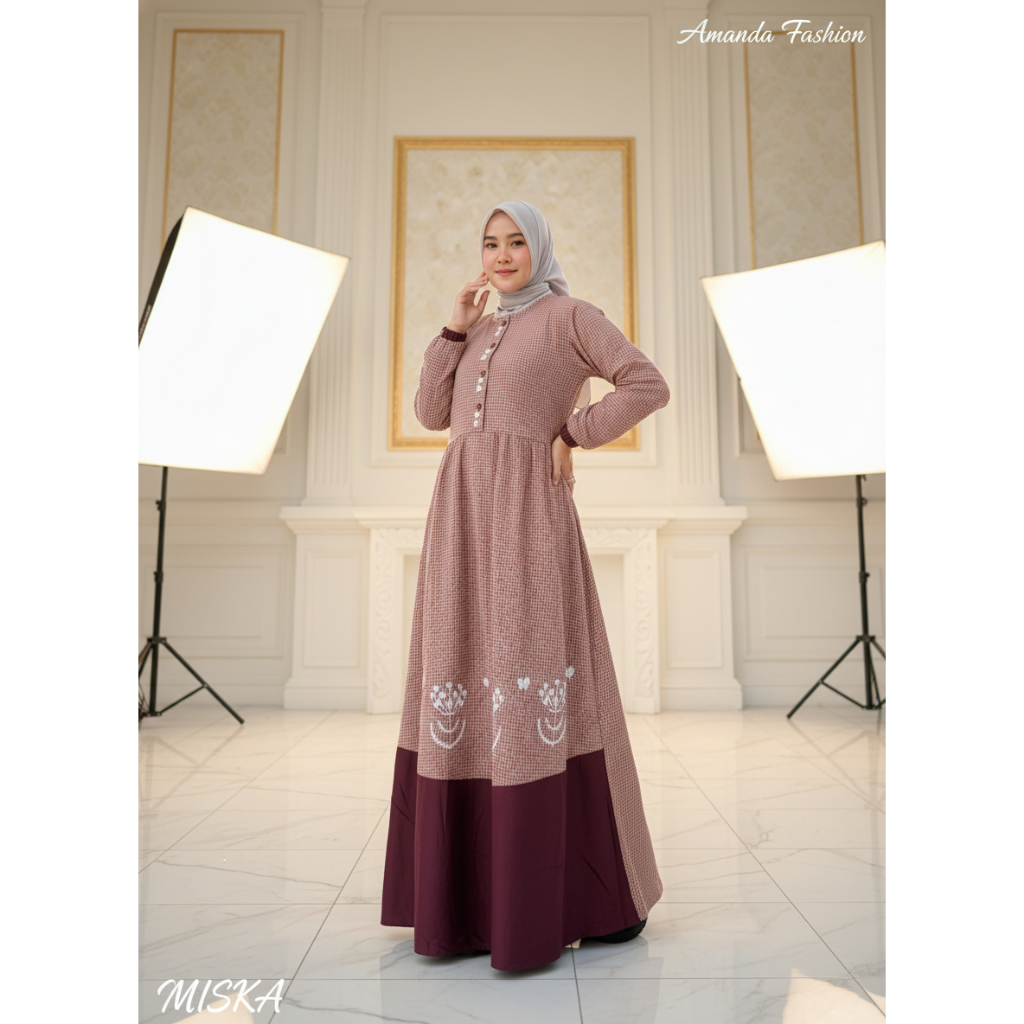 Gamis Amanda Miska Katun Haruka Motif Kotak Mix Rayon Twill Premium Bordir