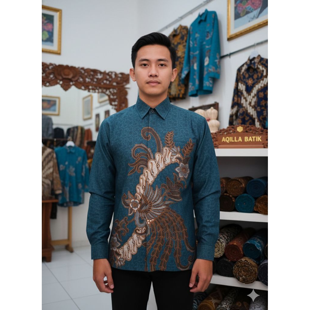 Kemeja Batik Pria Dewasa Lengan Panjang Warna Biru Emerald Laois Furing Hero Katun Premium Batik Pri