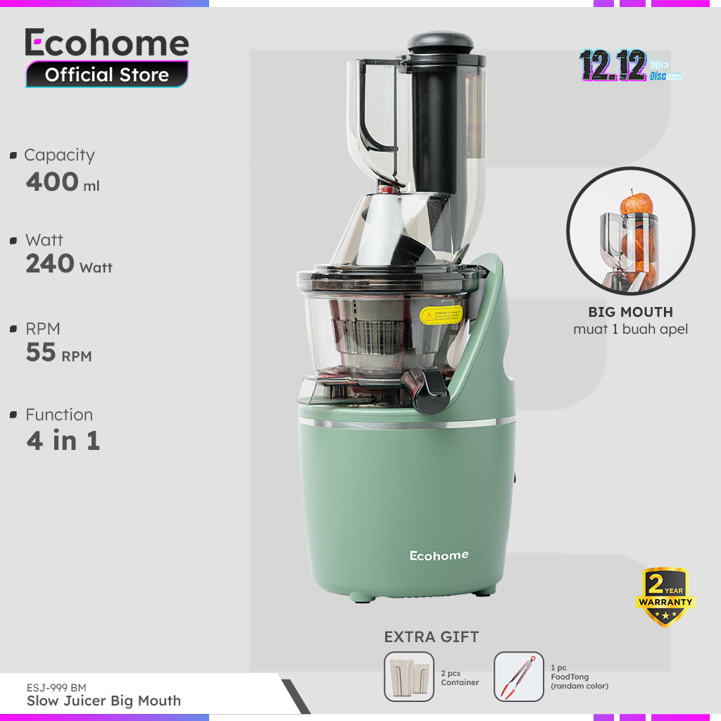ECOHOME Slow Juicer Big Mouth ESJ999BM 55 RPM Pengekstrak Buah Low Watt Easy Clean Multifungsi