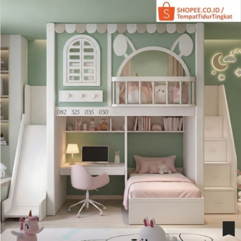 Kasur Tingkat Kayu Aesthetic , Tempat Tidur Anak Perosotan + Meja Belajar