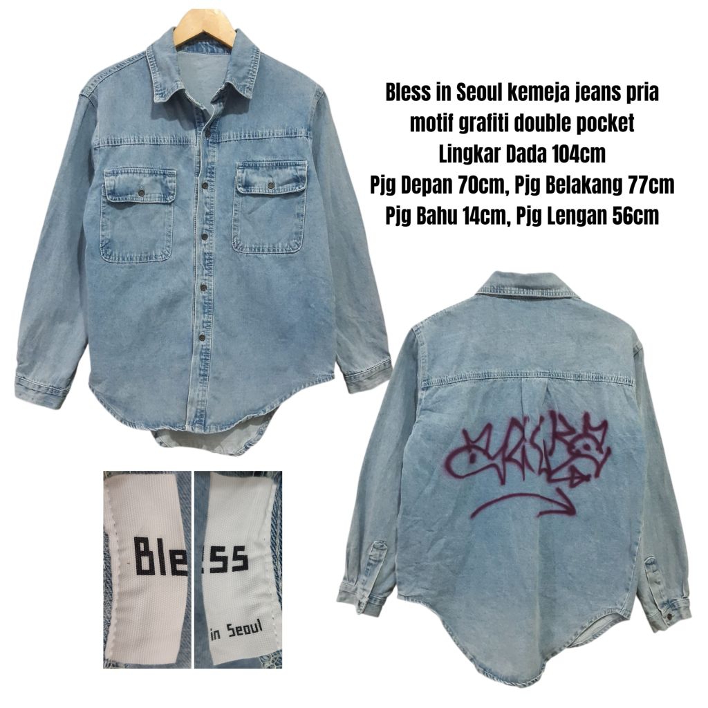 Bless kemeja jeans pria motif grafiti double pocket