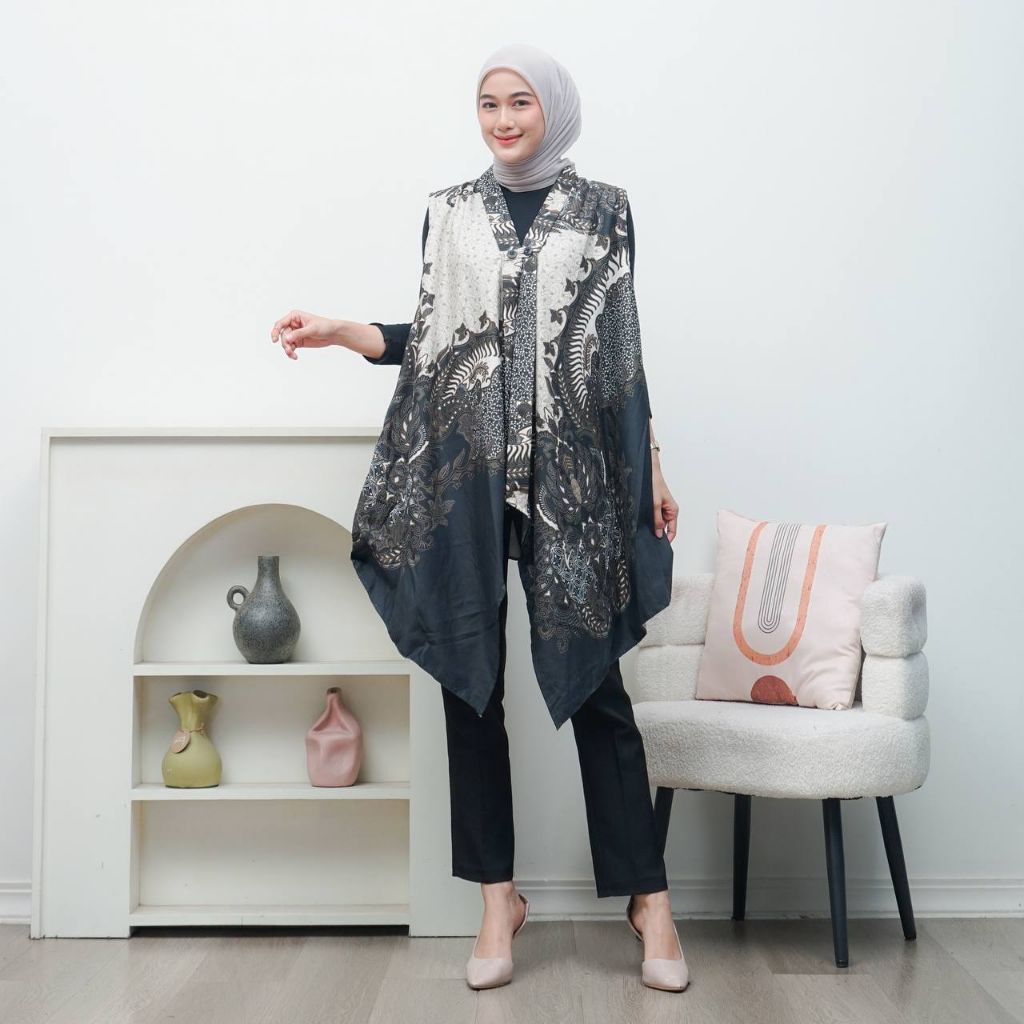 Adelia Long Vest - Long Outer batik tanpa lengan - Cardigan Wanita Kondangan Baju Kantor Casual