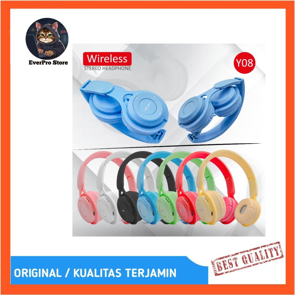 HEADSET BLUETOOTH BANDO MACARON Y08 WITH MIC WIRELESS SUPER BASS