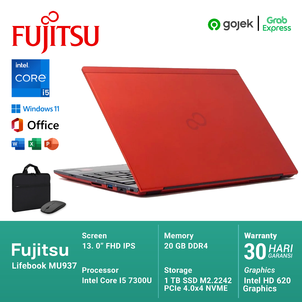 Fujitsu Lifebook MU937 RED Core I5 Gen 7 RAM 12GB SSD 512GB Grade A Bonus Tas & Mouse Wireless