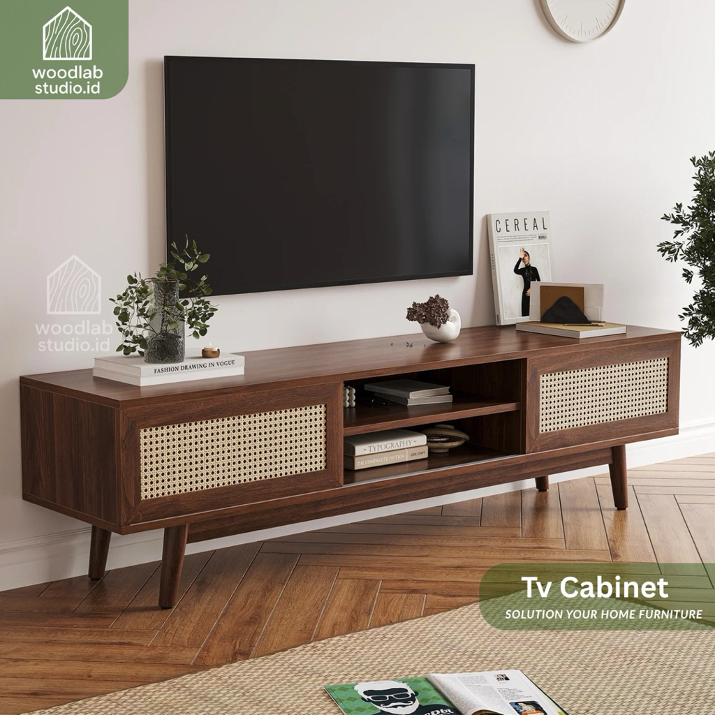 Meja TV Minimalis Pintu Rotan Anyaman | TV Console Japandi Scandinavian | Rak TV Modern - 05