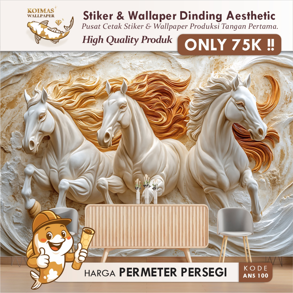 Stiker Dinding Kuda 3D Wallpaper Horse Gold 3D Mewah & Minimalo Wallpaper Dinding Kualitas Tinggii