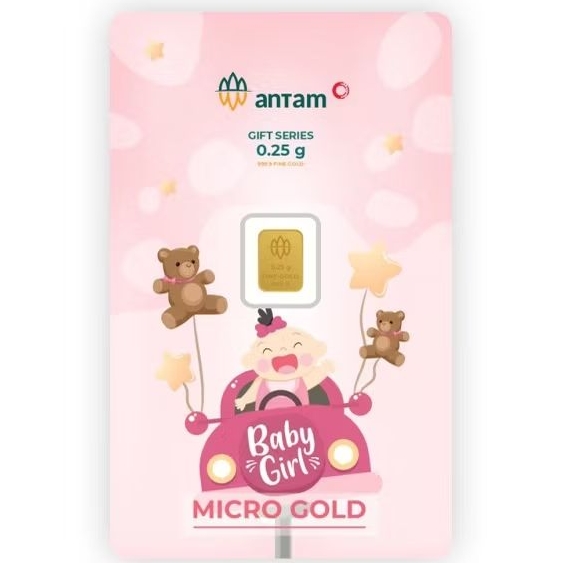 KADO LAHIRAN BAYI PEREMPUAN PINK EMAS 0.25 GRAM ANTAM GAMBAR MOBIL BONEKA LOGAM MULIA 0,25 GR NEW BO