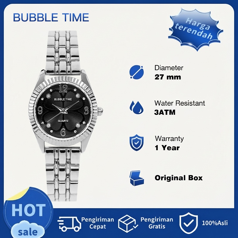 Jam Tangan Wanita Quartz dengan Dial Hitam dan Gelang Logam, Jam Tangan Elegan dengan Dial Besar