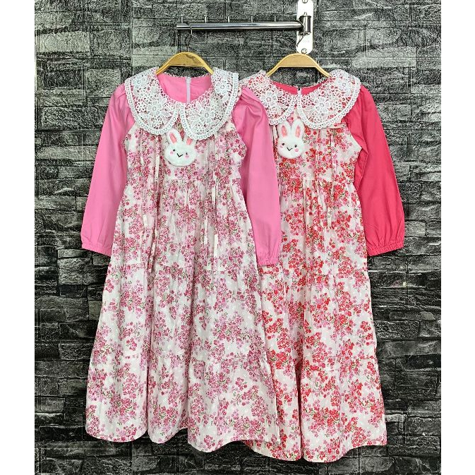 Nikita - 1956 Gamis Overall Anak 3 - 10 Tahun Motif Bunga Aksesoris Kelinci (Inner + Outer)