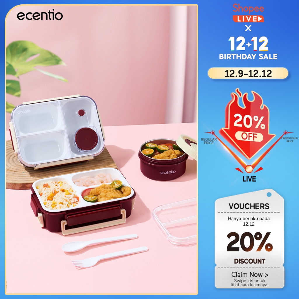 [live onely]  Ecentio Set Kotak Makan Bento & Mangkuk Stainless 304 | Lunch Box 3 Sekat + Kotak Bula