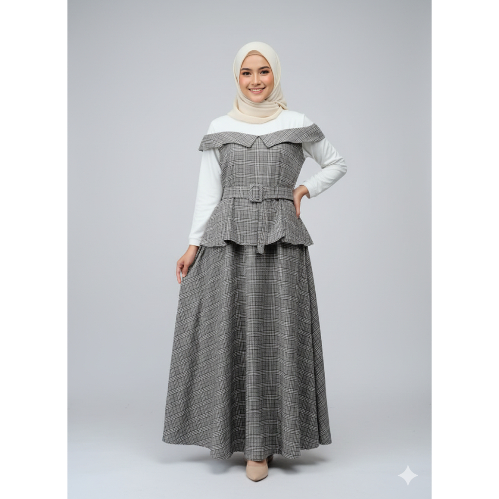 EXTU Gamis Set Outer Peplum Plaid Gamis Vest Setelan Rok Panjang Kotak-Kotak Modern Hijab Syari Fash