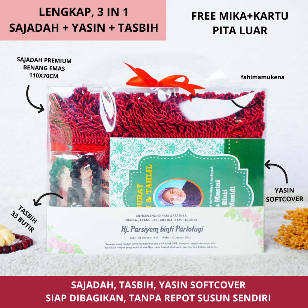 GROSIR SOUVENIR TAHLILAN 40 HARI 1000 HARI 100 HARI ORANG MENINGGAL- Sajadah Benang Emas Yasin Softc