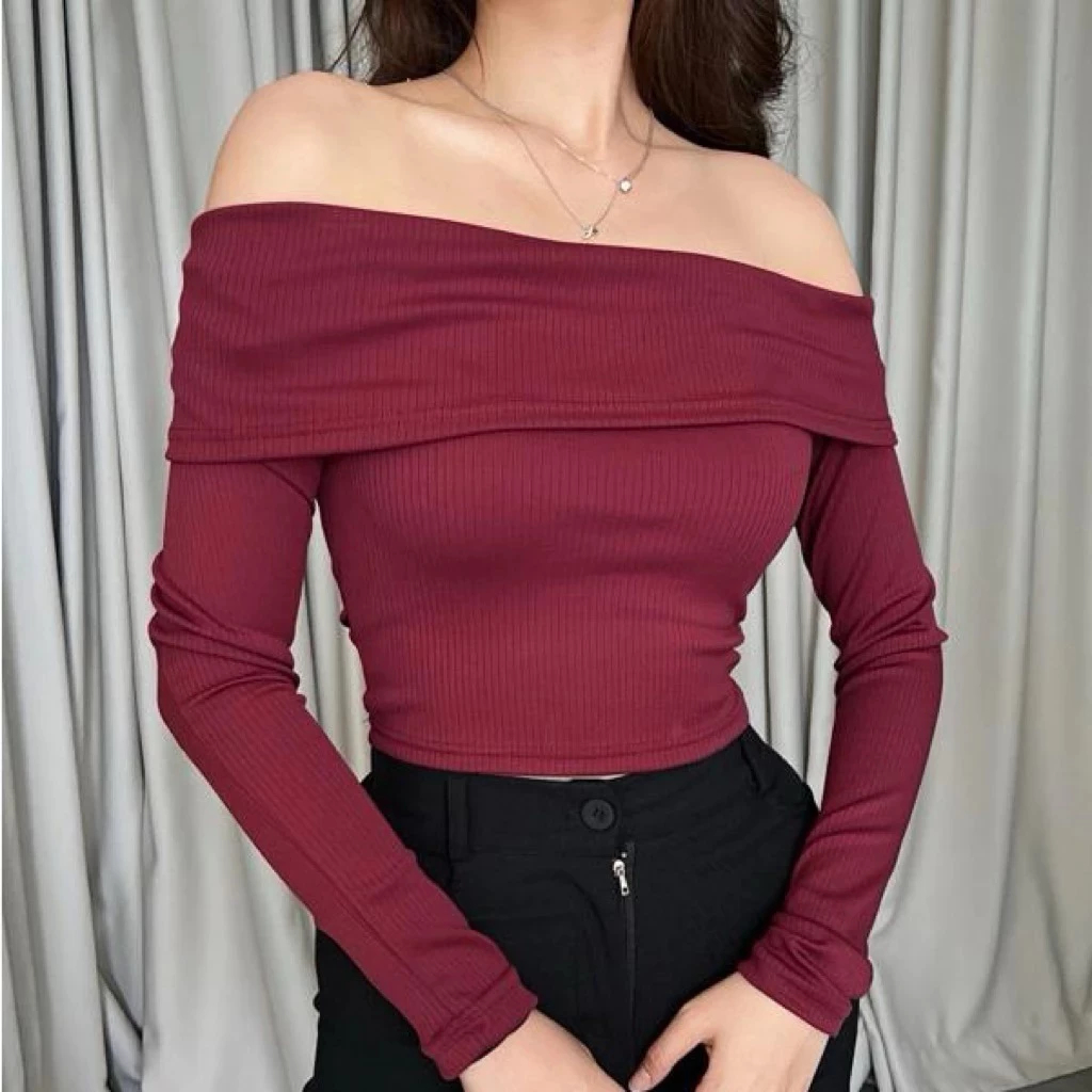 Lotus Evelyn Top Off Shoulder Crop Knit Wanita