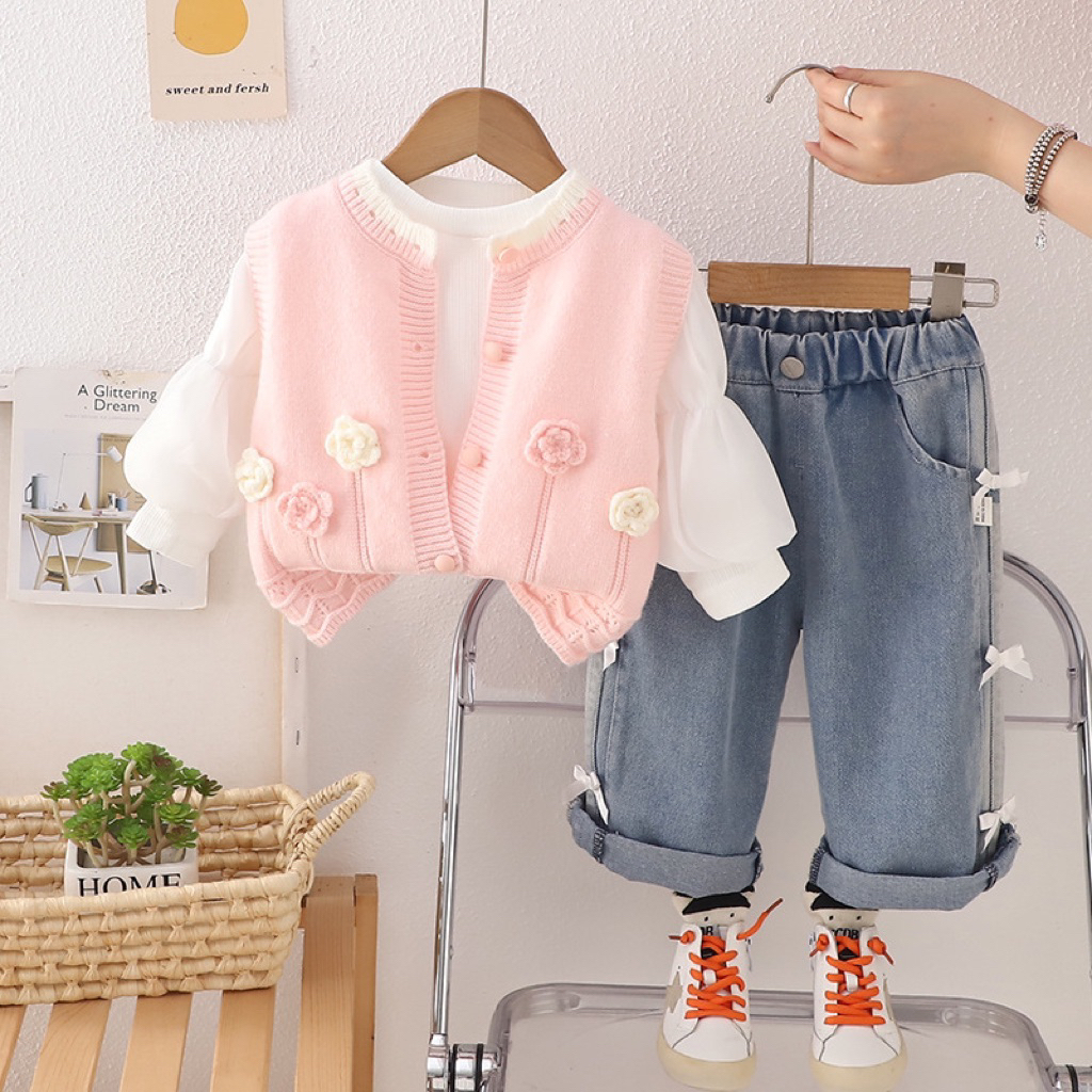Setelan anak perempuan - Setelan fashion dengan vest rajut lucu untuk anak perempuan