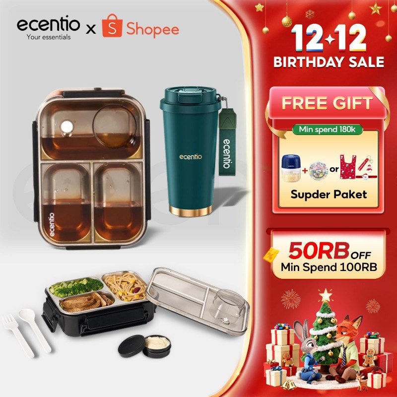 [Kak lila x ecenio] lunch box stainless 800ml sekat 3 dengan sendok sumpit free kotak sauce kecil