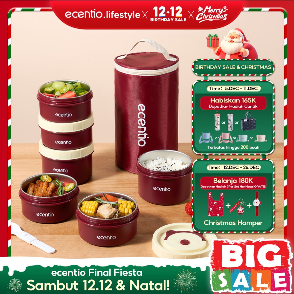 ecentio Tempat Bekal Makanan Tahan Panas Stainless Bekal Makan Set 3pcs Anti Tumpah Lunch Box Set Ra