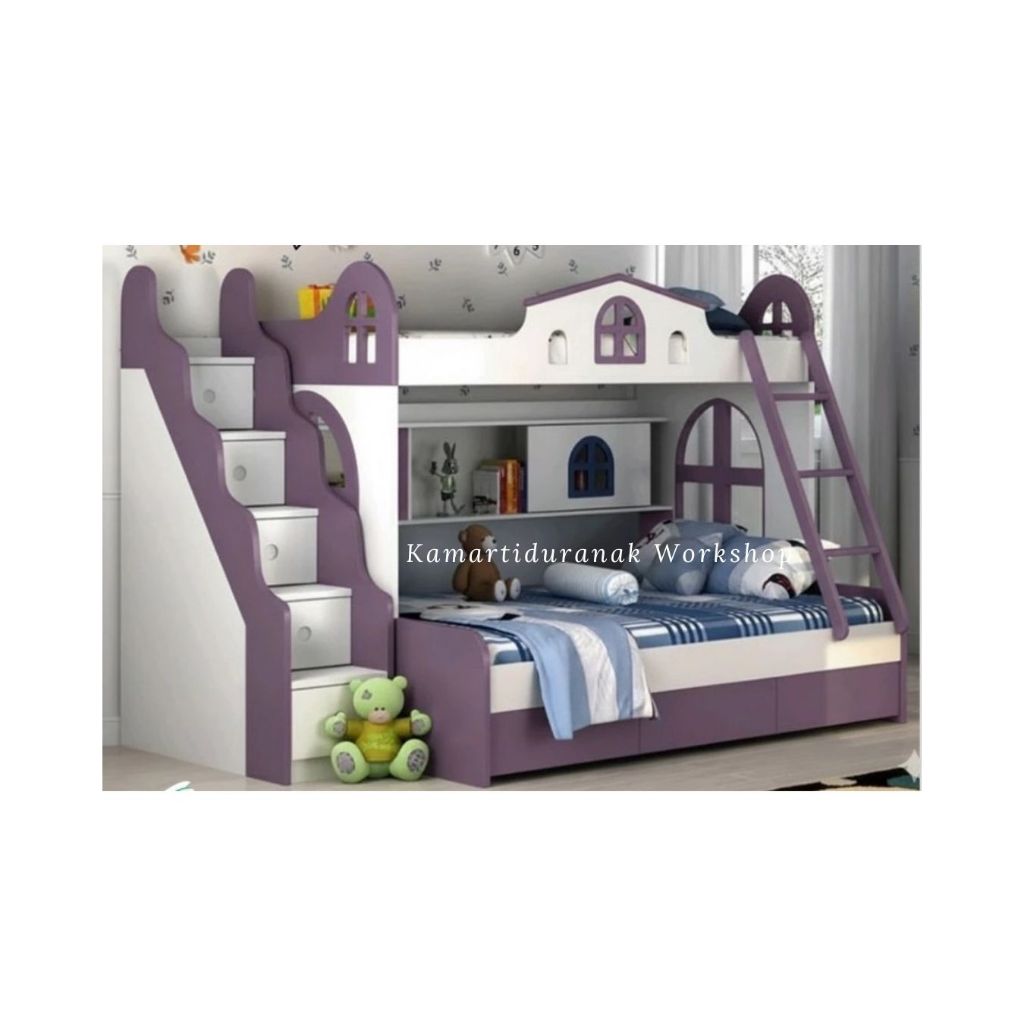 Ranjang Tingkat 2 Susun Minimalis , Tempat Tidur Kayu Anak Laki-laki, Ranjang Anak Kayu