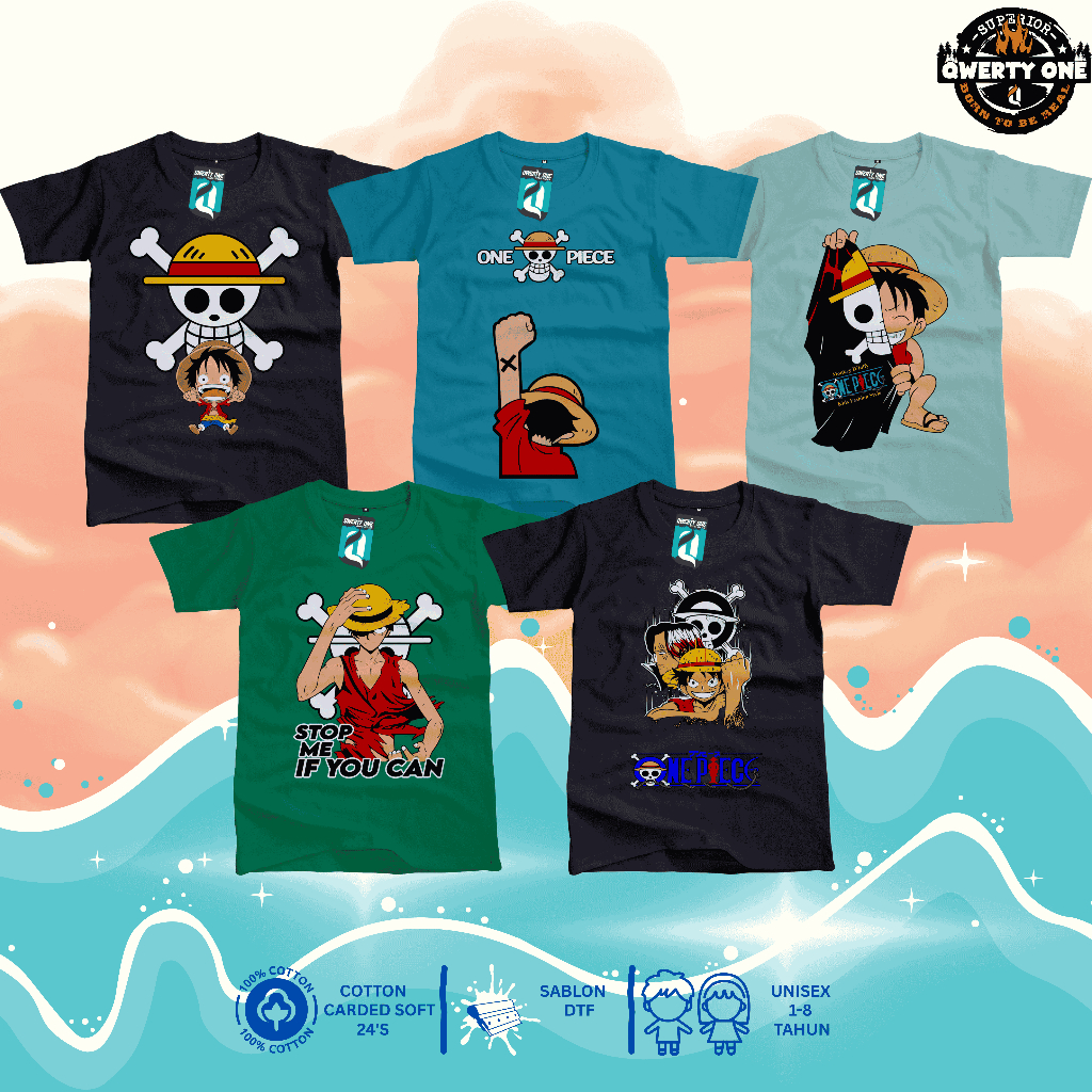 QWERTY ONE Kaos Anak Distro Karakter Motif One Piece 1-8 Tahun