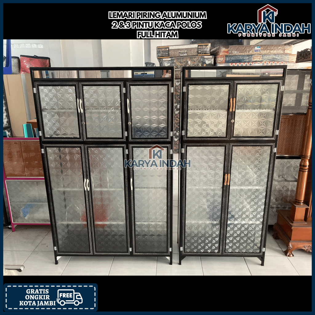 Lemari Rak Piring Dapur ALUMUNIUM 3 Pintu Rata / Magic Com Kaca Polos Roda Alumunium