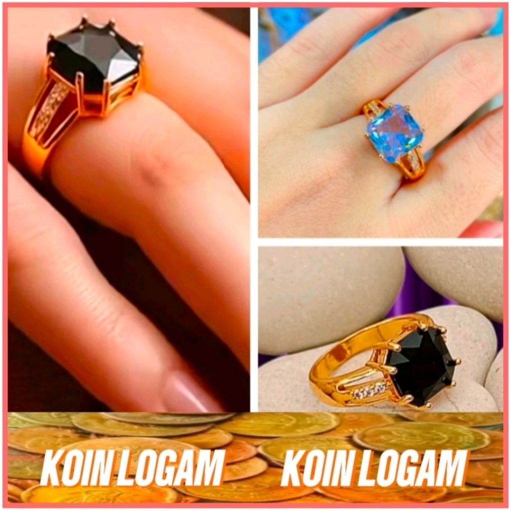 Cincin Wanita Dan Pria Batu Permata Anti Karat Elegan Giok Hitam Kotak Koin Logam 91 Ori Lapis Emas