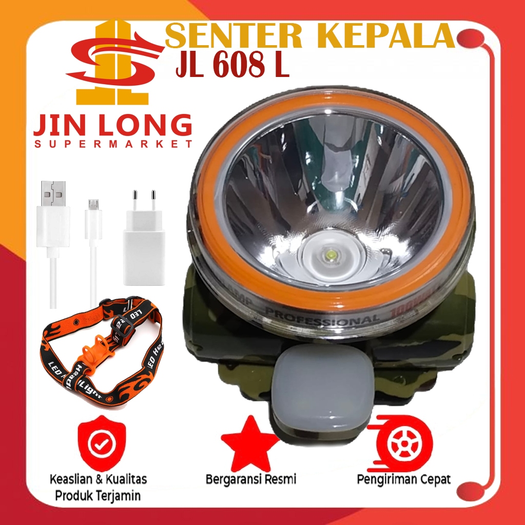 Senter Kepala Premium JINLONG jl 608 l 100W | 4.500mAh Cahaya Putih Tahan 16 Jam