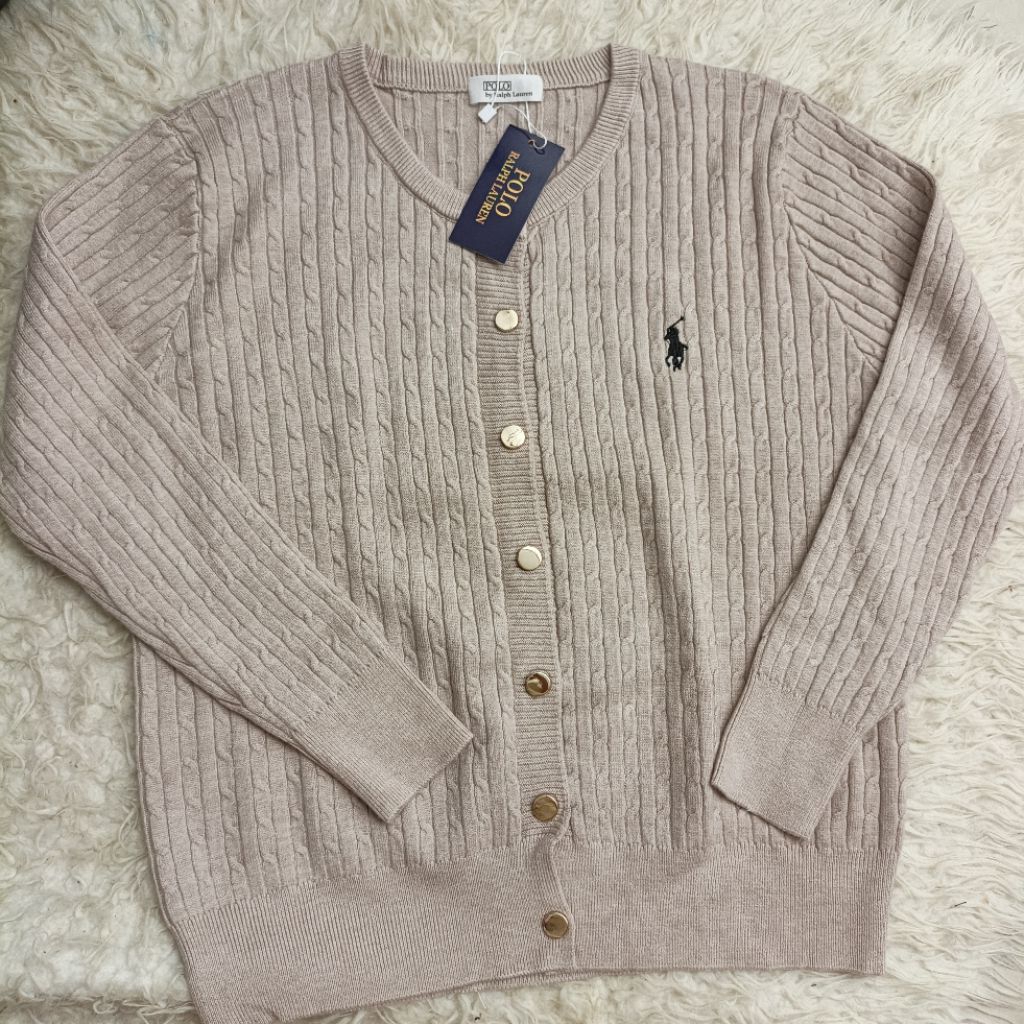 cardigan sweater polo Ralph Lauren coklat muda original rajut free size atasan wanita top