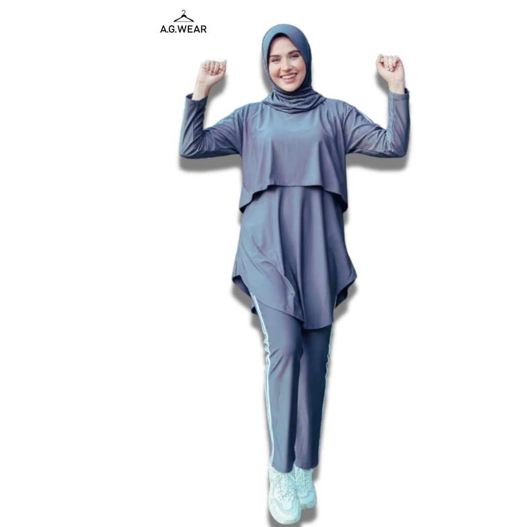 Zalika Set Sport Muslim 3in1 Terbaru | One Set Baju Olahraga Wanita Muslimah Premium Celana Cutbray 