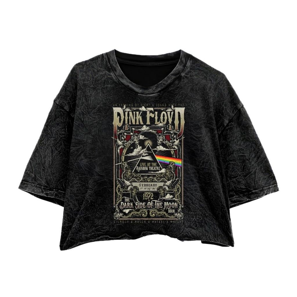 Kaos Crop Top "Pink Floyd" Stone Wash Oversize | Kaos Wanita | Crop Tee | Kaos Band
