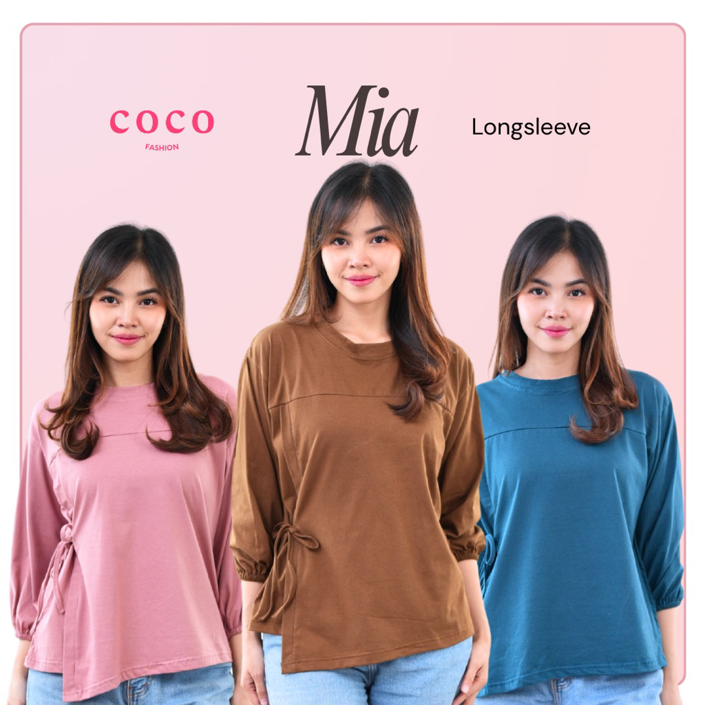 Atasan Wanita Kaos Lengan 7/8 Tali Pita Ikat Samping Mia Top Korean Elegant Style Cotton Combed Prem