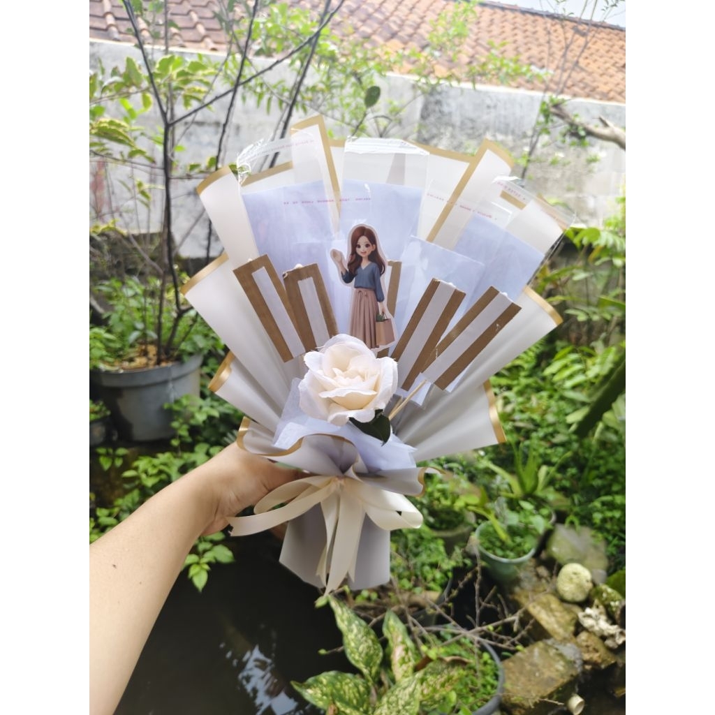 BUKET HARI IBU ISI 5 LEMBAR UANG DAN 5 STIK TEMPAT SNACK/ KOPI/FOTO/COKLAT BUKET KOMBINASI IBU HIJAB