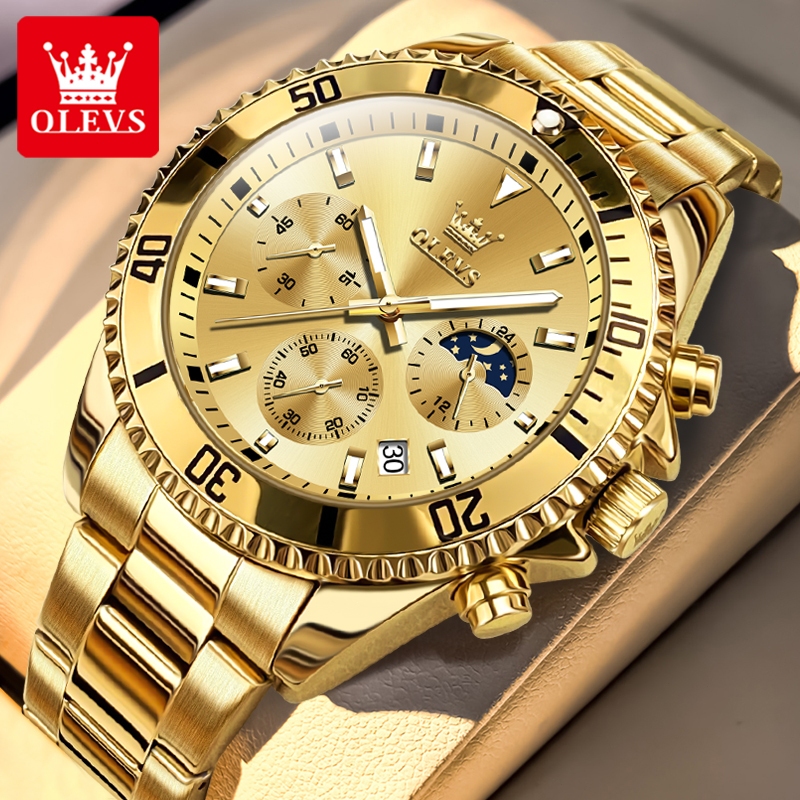 OLEVS Jam Tangan Pria Anti Air Original Stainless Steel Chronograph Multifungsi Luminous Emas Men Wa