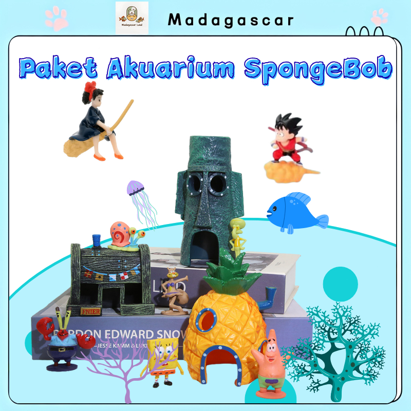 [MADA]Paket Akuarium SpongeBob 40cm dengan Dekorasi Melengkung, Set Aquascape Mini yang Kreatif, Coc