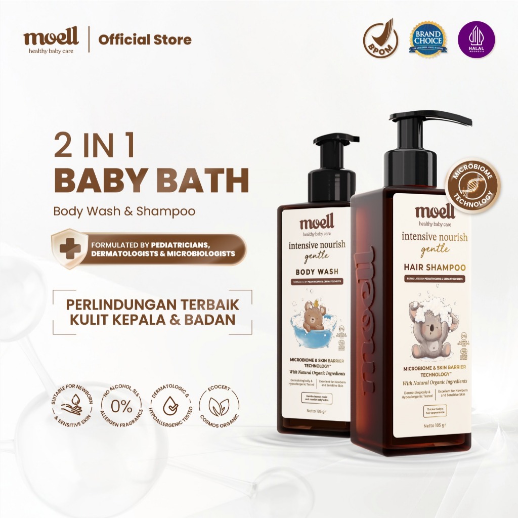 Moell Gentle Body Wash 185gr & Shampoo 185gr - 2 IN 1 Baby Bath Sabun & Sampo Bayi Anak Cegah Eksim 