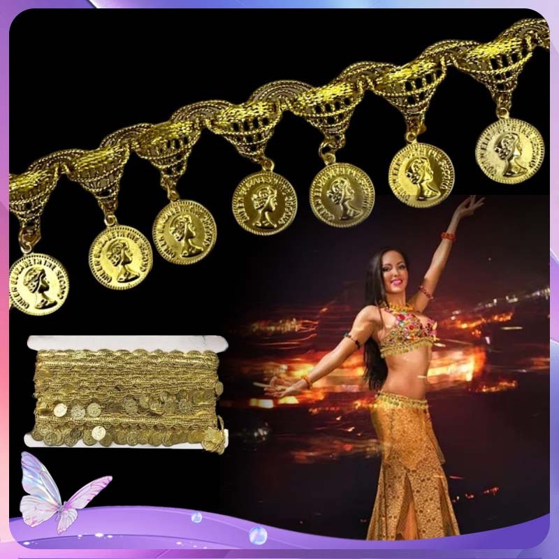 Renda Ribbon Lace India Koin 10 Yard   Emas Lace Tari India Warna Emas Meteran Roll Utuh Renda Pita 