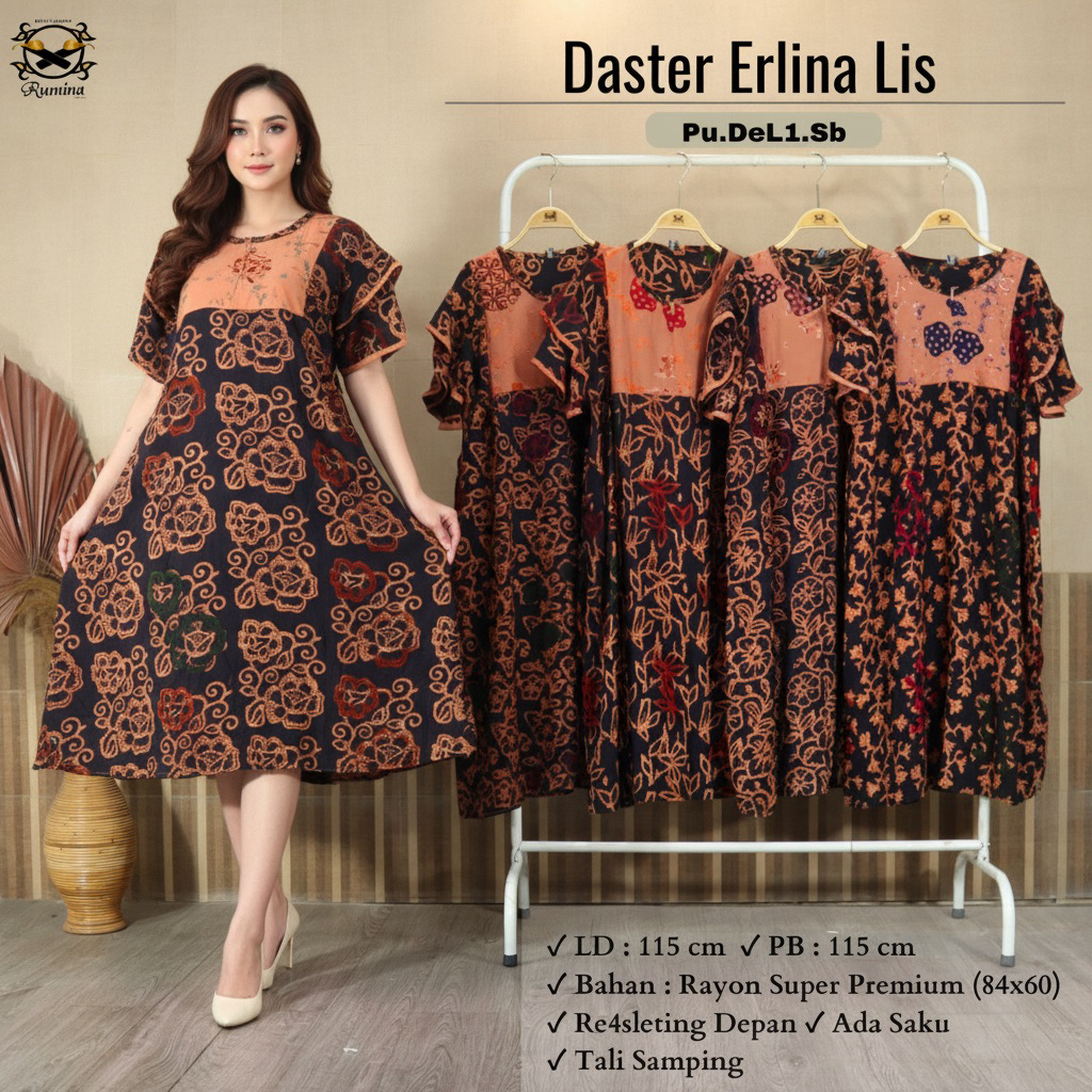 RM (LD 115 PB 115)BEST SELLER  READY STOK Daster ERLINA LIS Terbaru Daster Premium Dengan Tali Serut