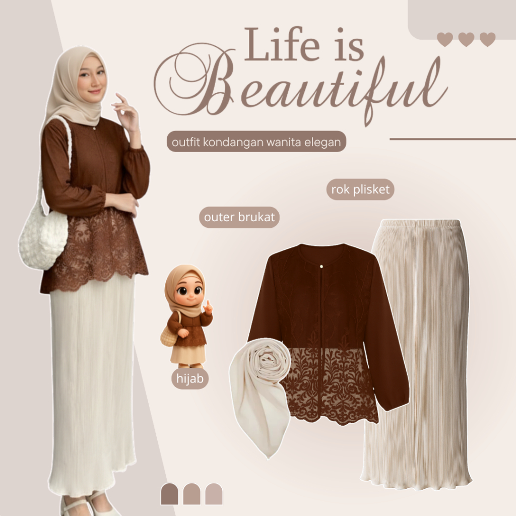 Outfit Mahogany Style | Outer Atasan Wanita + Rok Plisket + Jilbab | OOTD Kondangan Simple - AM223N